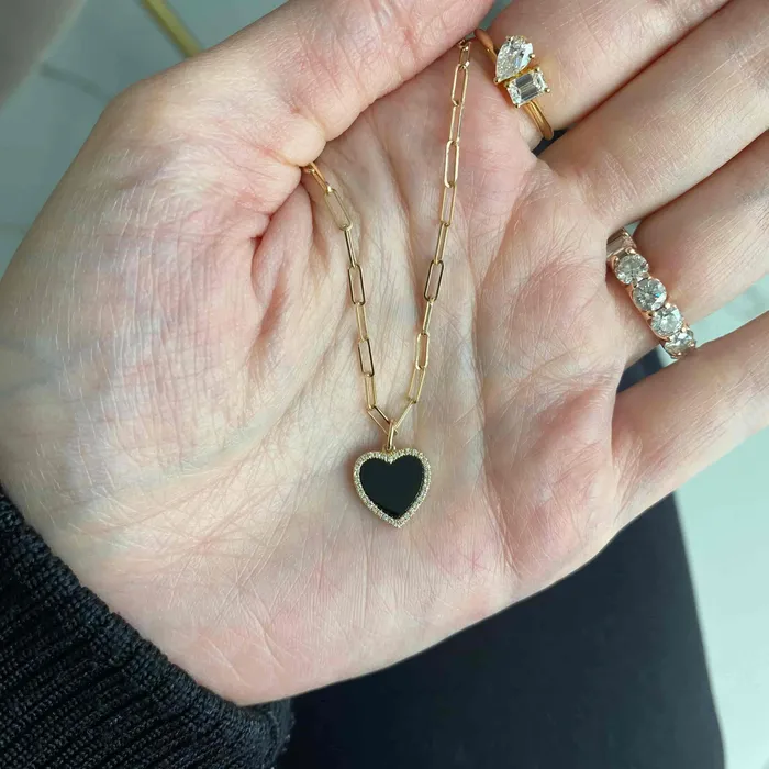 Alev Jewelry Charm Necklaces Medium Pave Outline Black Onyx Heart Charm