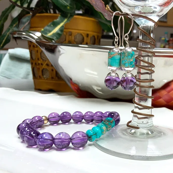 Bracelets Elisa Ilana Amethyst Turquoise Stretch Bracelet with 14k GoldFilled Accent Bracelets Elisa Ilana Amethyst Turquoise Stretch Bracelet with 14k GoldFilled Accent