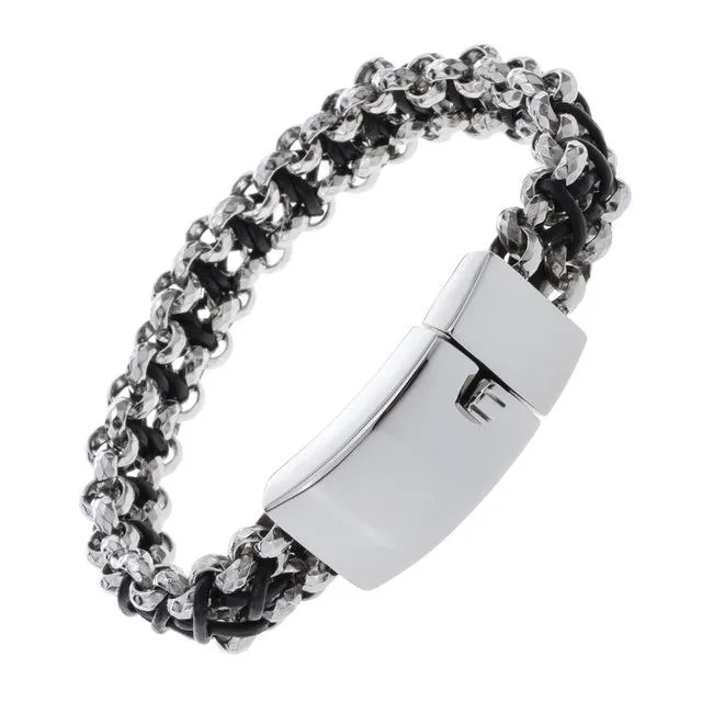 Bracelets sparklingselections Mens Stainless Steel Black Leather Link Chain Bracelet Bracelets sparklingselections Mens Stainless Steel Black Leather Link Chain Bracelet