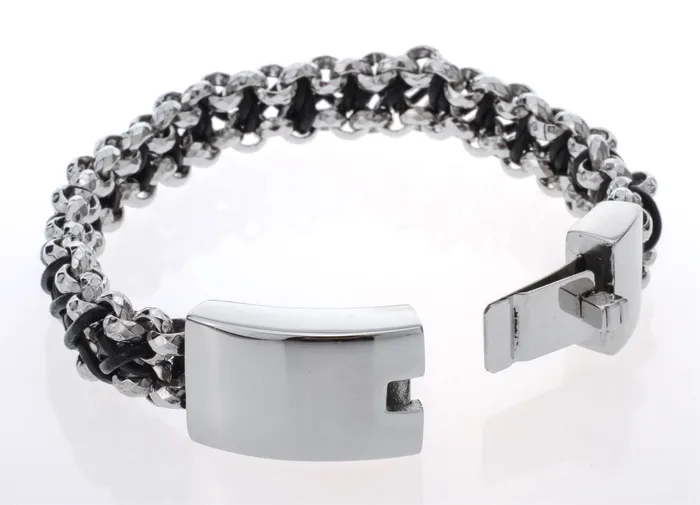 Bracelets sparklingselections Mens Stainless Steel Black Leather Link Chain Bracelet Bracelets sparklingselections Mens Stainless Steel Black Leather Link Chain Bracelet