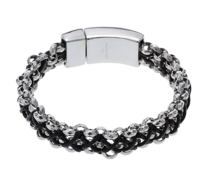 Bracelets sparklingselections Mens Stainless Steel Black Leather Link Chain Bracelet Bracelets sparklingselections Mens Stainless Steel Black Leather Link Chain Bracelet