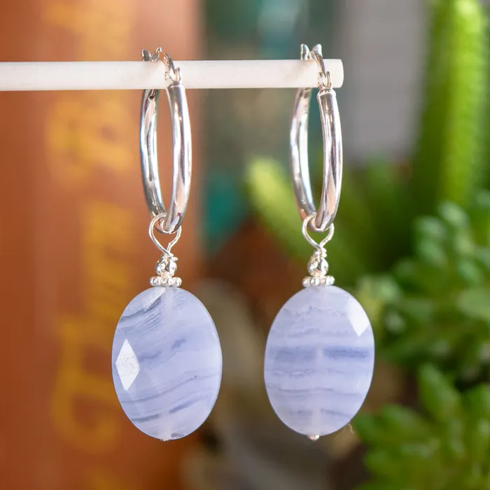 Earrings Elisa Ilana Blue Lace Agate Oval Hoop Earrings