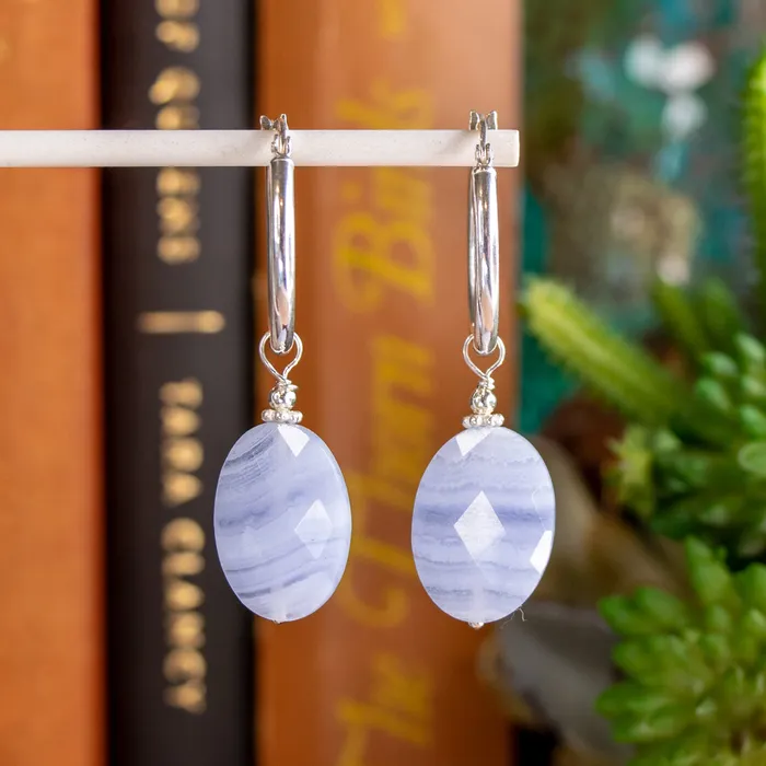 Earrings Elisa Ilana Blue Lace Agate Oval Hoop Earrings