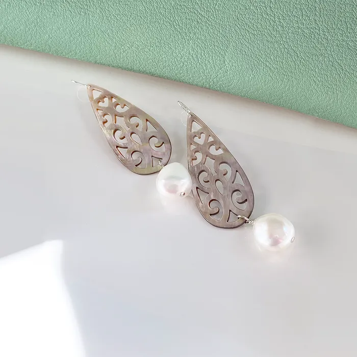 Earrings Elisa Ilana Carved Mother of Pearl Teardrop Earrings with Baroque Freshwater Pearls