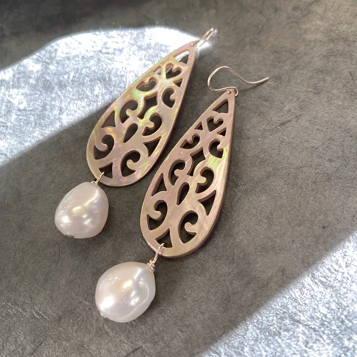 Earrings Elisa Ilana Carved Mother of Pearl Teardrop Earrings with Baroque Freshwater Pearls Earrings Elisa Ilana Carved Mother of Pearl Teardrop Earrings with Baroque Freshwater Pearls