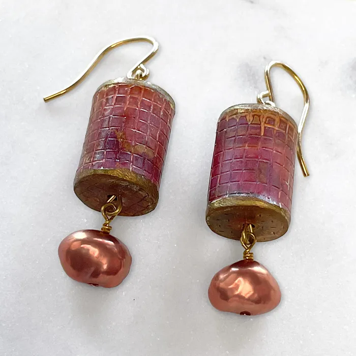 Earrings Elisa Ilana Copper Barrel Bronze Freshwater Pearl Earrings