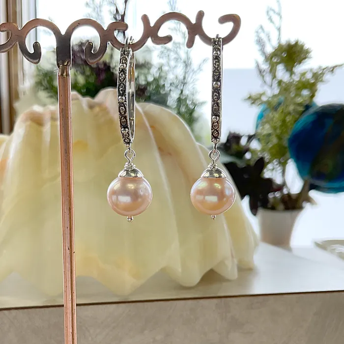 Elisa Ilana Earrings Pink Pearl Nailhead Hoop Earrings