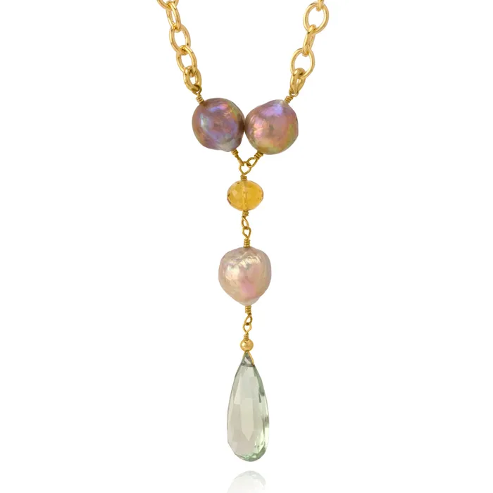 Elisa Ilana Prasiolite Citrine Fireball Pearl Necklace Necklaces