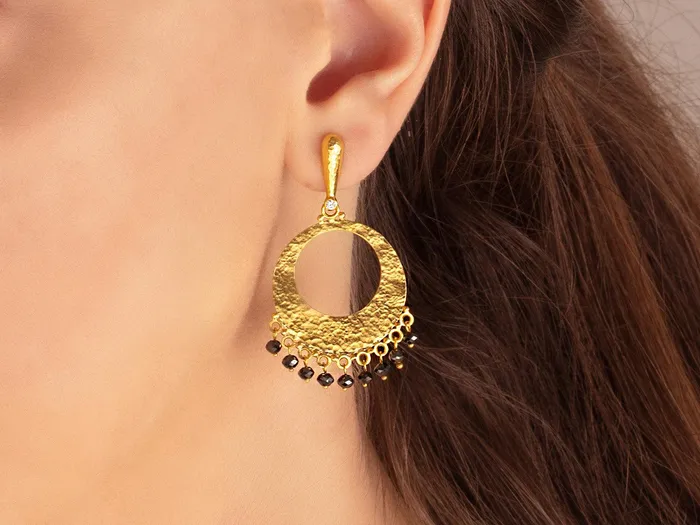 GG GOLD CLS Earrings GURHAN Lush Gold Black Diamond Single Drop Earrings Large Open Center Flake on Post Top GG GOLD CLS Earrings GURHAN Lush Gold Black Diamond Single Drop Earrings Large Open Center Flake on Post Top