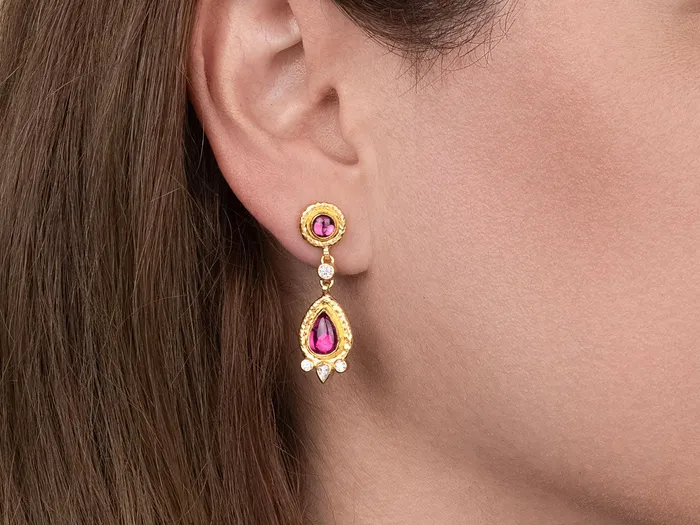 GG GOLD OOAK Earrings GURHAN Muse Gold Tourmaline Single Drop Earrings Round and Teardrop set in Wide Frame GG GOLD OOAK Earrings GURHAN Muse Gold Tourmaline Single Drop Earrings Round and Teardrop set in Wide Frame