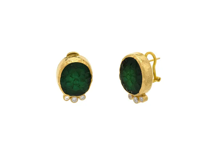 GG GOLD OOAK Earrings GURHAN Rune Gold Emerald Stud Earrings Oval Carved Flower GG GOLD OOAK Earrings GURHAN Rune Gold Emerald Stud Earrings Oval Carved Flower