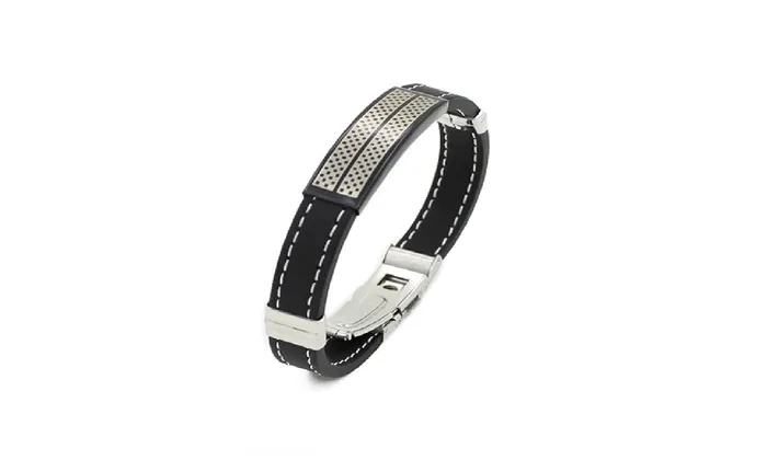Mens Black Silver Stainless Steel Cuff Rubber Wristband sparklingselections Bracelets Mens Black Silver Stainless Steel Cuff Rubber Wristband sparklingselections Bracelets