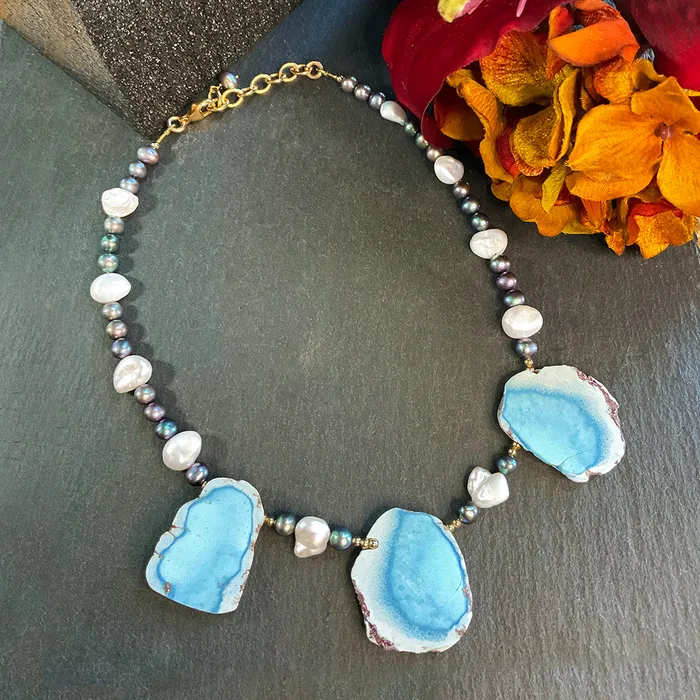Necklaces Elisa Ilana Golden Hill Turquoise Pearl Necklace