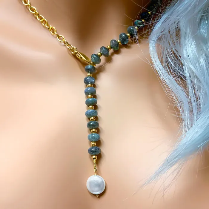 Necklaces Elisa Ilana Labradorite Coin Pearl Lariat Necklace