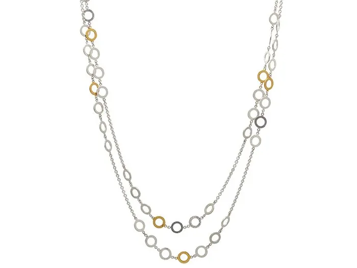Necklaces GG SILVER CLR GURHAN Mango Sterling Silver Station Long Necklace Round Flat Rings on Delicate Chain Gold Accents Necklaces GG SILVER CLR GURHAN Mango Sterling Silver Station Long Necklace Round Flat Rings on Delicate Chain Gold Accents