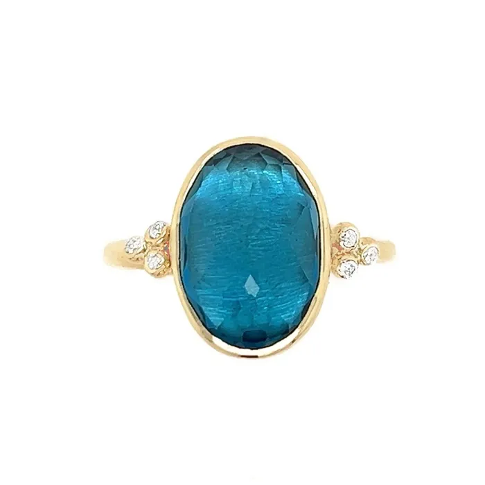 Rings Emily Amey Jewelry London Blue topaz ring with White diamond clusters in 14k gold Rings Emily Amey Jewelry London Blue topaz ring with White diamond clusters in 14k gold