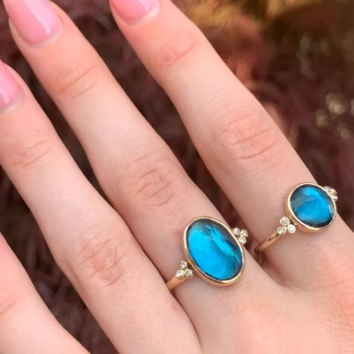 Rings Emily Amey Jewelry London Blue topaz ring with White diamond clusters in 14k gold