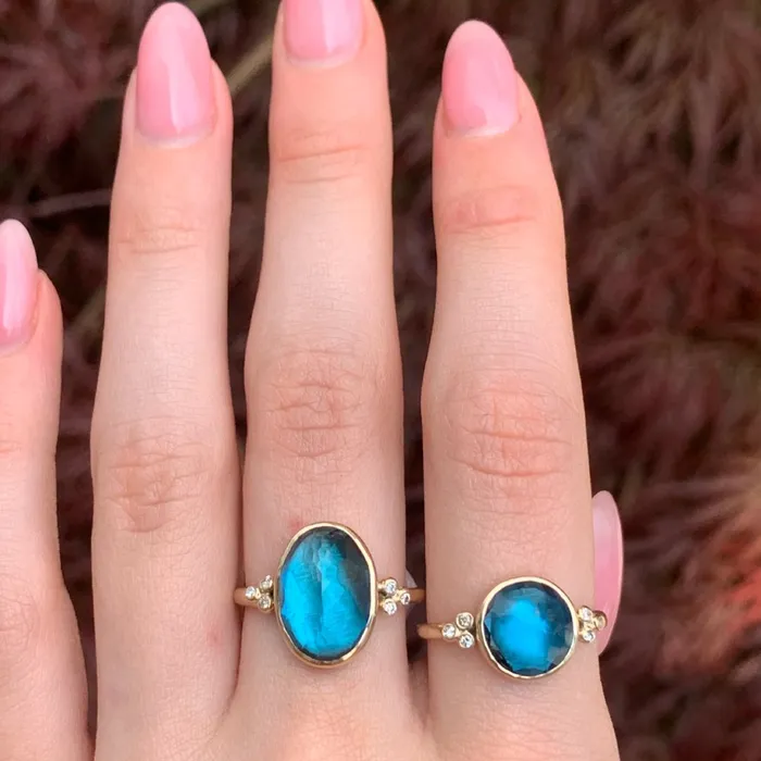 Rings Emily Amey Jewelry London Blue topaz ring with White diamond clusters in 14k gold