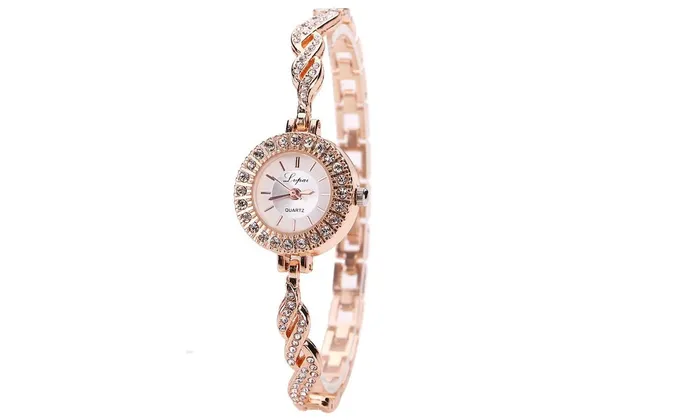 sparklingselections Earrings Rose Gold Stainless Steel Crystal Wrist Watch