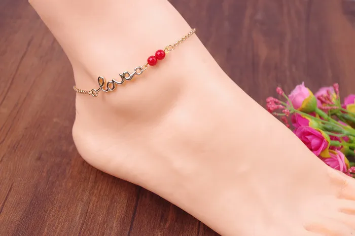 sparklingselections Lucky Red Seed Beads Gold Chain Love Letter Bracelet for Women Bracelets