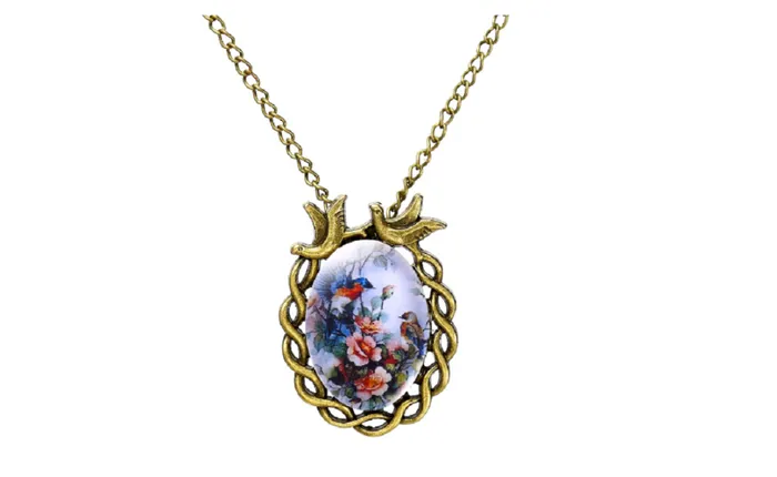 sparklingselections Necklaces Antique Bronze Glass Cabochon Oval Flower Bird Alloy Pendant Necklace sparklingselections Necklaces Antique Bronze Glass Cabochon Oval Flower Bird Alloy Pendant Necklace