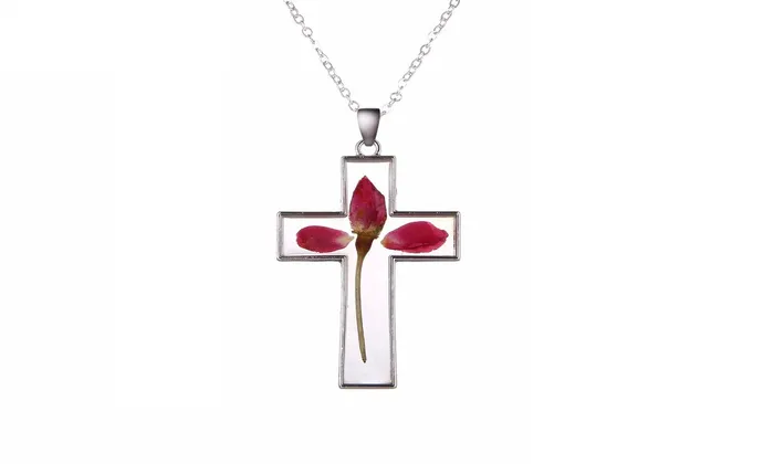 sparklingselections Necklaces Natural Real Dry Rose Cross Metal Glass Pendant sparklingselections Necklaces Natural Real Dry Rose Cross Metal Glass Pendant
