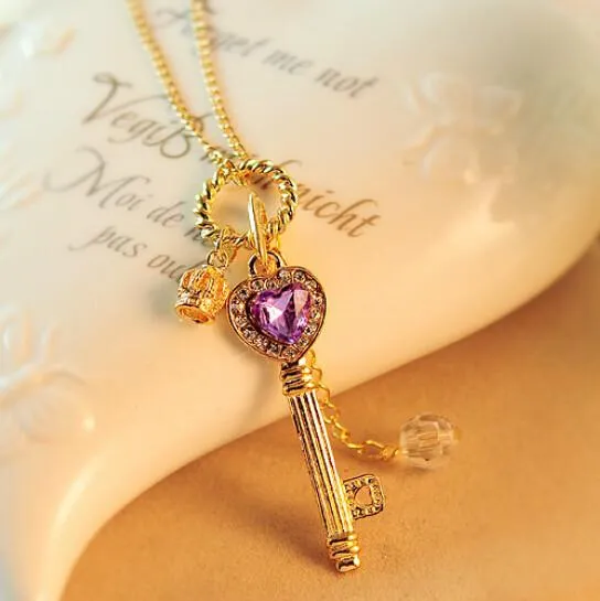 sparklingselections Necklaces Vintage Silver Color Long Chain Heart Key Pendant Charm Necklace sparklingselections Necklaces Vintage Silver Color Long Chain Heart Key Pendant Charm Necklace