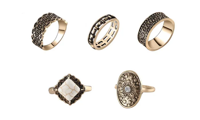 sparklingselections Rings 5pcs Zinc Alloy VintageRing Set For Women Adjustable sparklingselections Rings 5pcs Zinc Alloy VintageRing Set For Women Adjustable