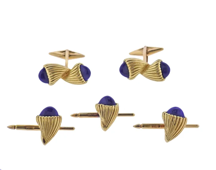 Aldo Cipullo 1970s Lapis Gold Cufflinks Stud Set Aldo Cipullo Earrings Aldo Cipullo 1970s Lapis Gold Cufflinks Stud Set Aldo Cipullo Earrings