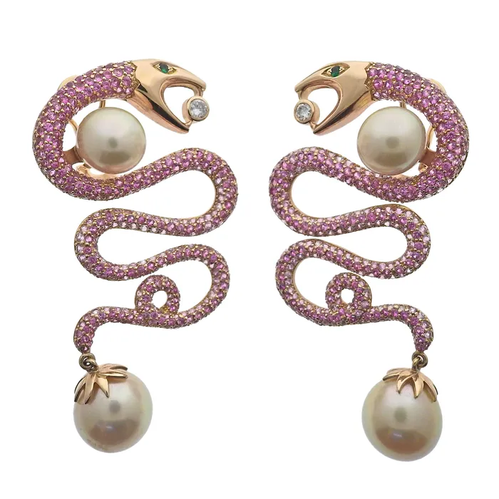 Alexander Laut Earrings Alexander Laut Pink Sapphire South Sea Pearl Diamond Snake Gold Earrings Alexander Laut Earrings Alexander Laut Pink Sapphire South Sea Pearl Diamond Snake Gold Earrings