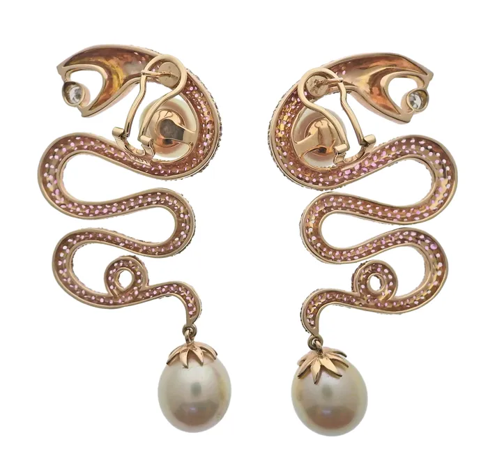 Alexander Laut Earrings Alexander Laut Pink Sapphire South Sea Pearl Diamond Snake Gold Earrings