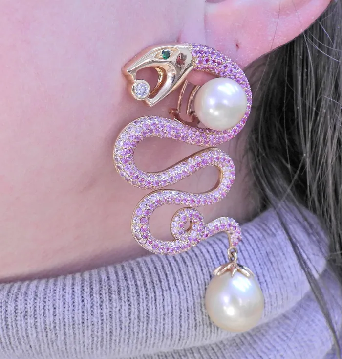 Alexander Laut Earrings Alexander Laut Pink Sapphire South Sea Pearl Diamond Snake Gold Earrings