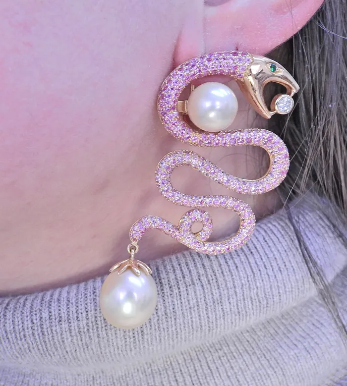 Alexander Laut Earrings Alexander Laut Pink Sapphire South Sea Pearl Diamond Snake Gold Earrings