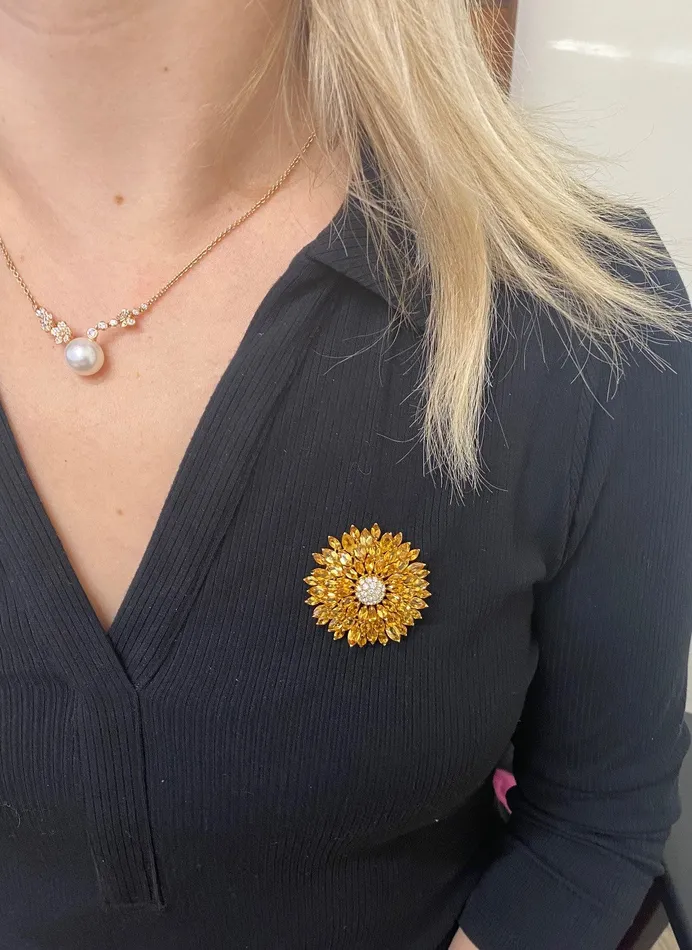 Asprey Daisy Heritage Citrine Diamond Gold Flower Brooch Pin Asprey Earrings