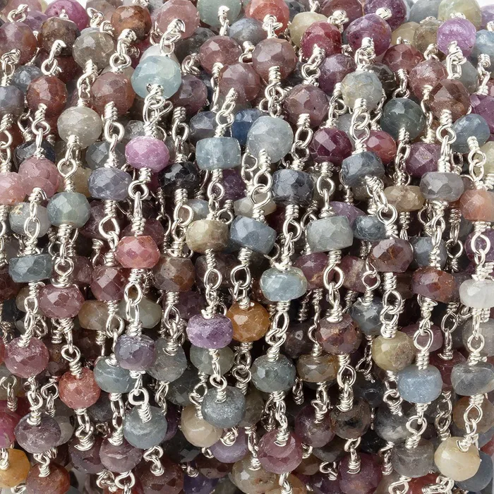 Beadsofcambaycom Necklaces 4mm Multi Color Sapphire Faceted Rondelles on Silver Plated Chain Beadsofcambaycom Necklaces 4mm Multi Color Sapphire Faceted Rondelles on Silver Plated Chain