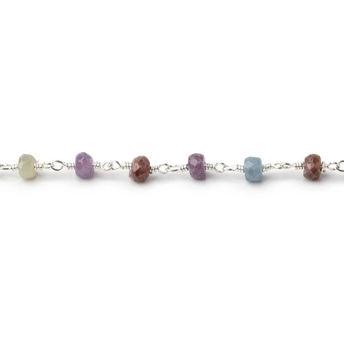 Beadsofcambaycom Necklaces 4mm Multi Color Sapphire Faceted Rondelles on Silver Plated Chain
