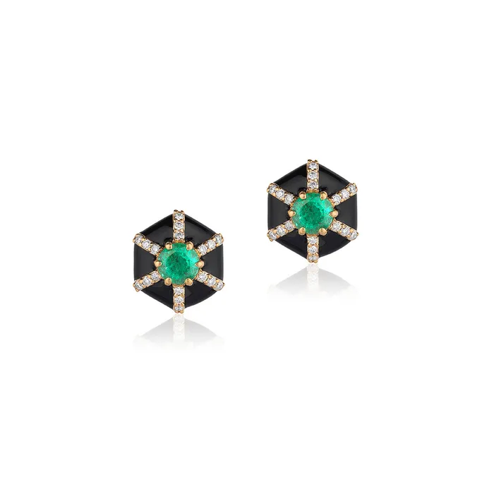 Earrings Goshwara Goshwara Queen Hexagon Enamel Diamond Emerald Stud Earrings