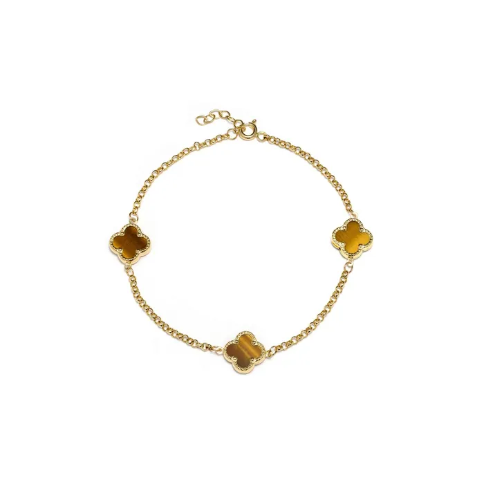 Gold bracelet with 3 clovers and Tigers eye stone Senso Gold Stones Senso Gold Bracelets Gold bracelet with 3 clovers and Tigers eye stone Senso Gold Stones Senso Gold Bracelets