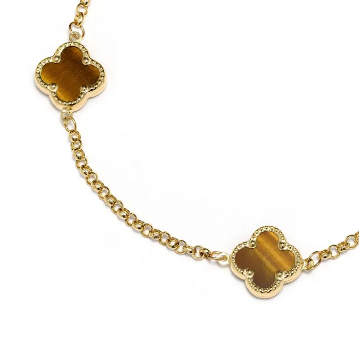 Gold bracelet with 3 clovers and Tigers eye stone Senso Gold Stones Senso Gold Bracelets
