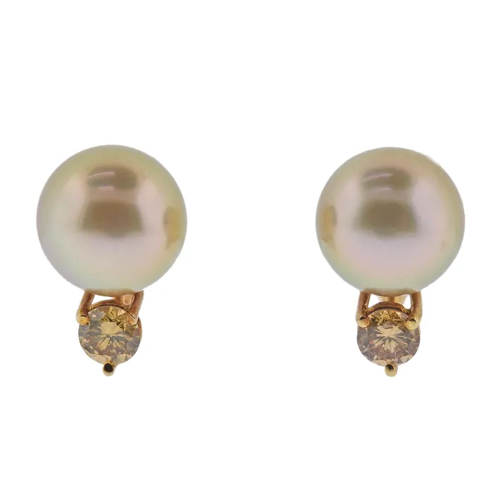 HEB Earrings Champagne Pearl Fancy Diamond Gold Earrings