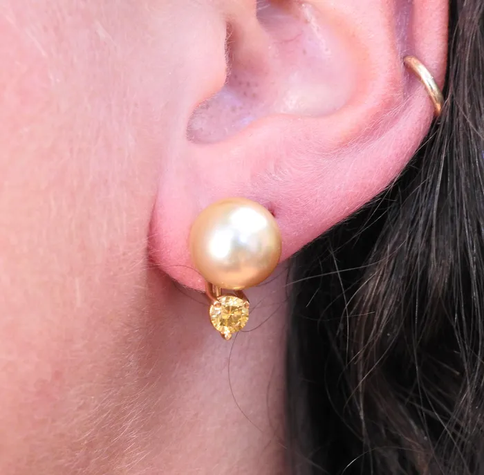 HEB Earrings Champagne Pearl Fancy Diamond Gold Earrings