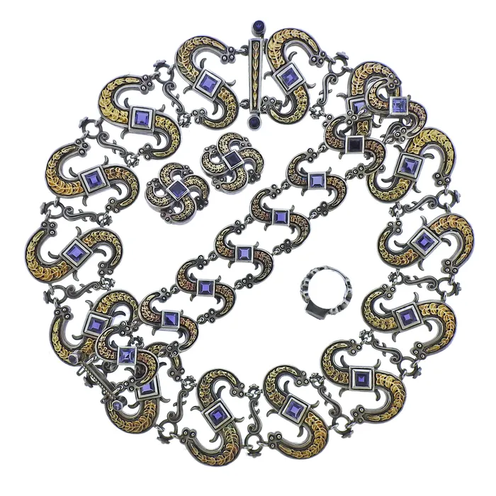 Mitchell Peck Silver Gold Iolite Necklace Bracelet Earrings Brooch Suite Mitchell Peck Earrings Mitchell Peck Silver Gold Iolite Necklace Bracelet Earrings Brooch Suite Mitchell Peck Earrings
