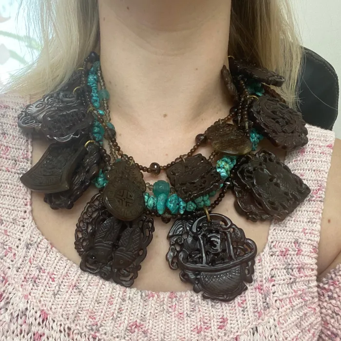 Necklaces Stephen Dweck Bronze Turquoise Quartz Carved Stone Necklace Stephen Dweck