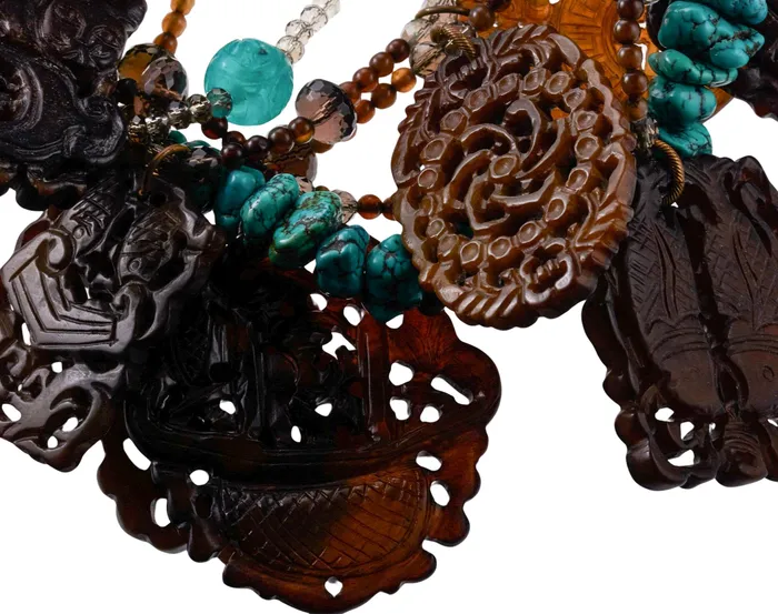 Necklaces Stephen Dweck Bronze Turquoise Quartz Carved Stone Necklace Stephen Dweck