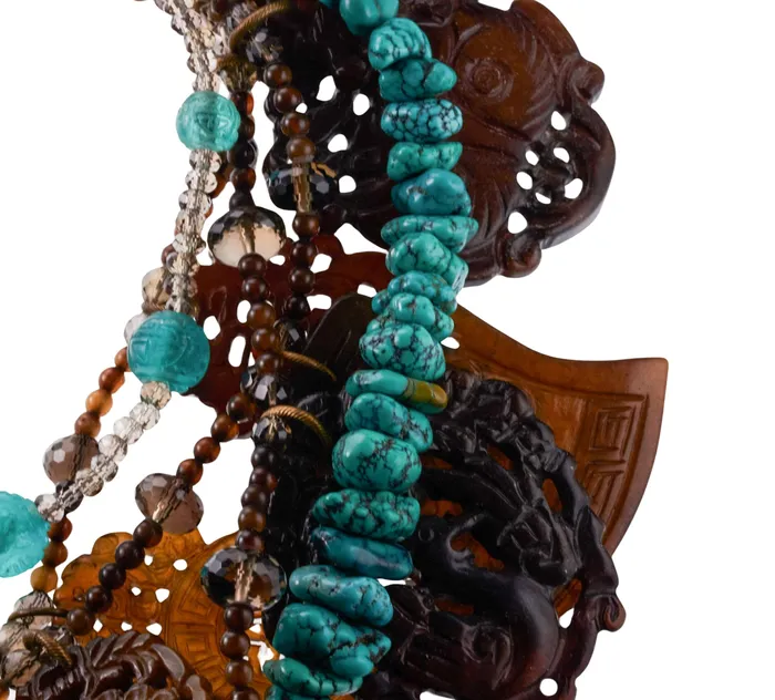 Necklaces Stephen Dweck Bronze Turquoise Quartz Carved Stone Necklace Stephen Dweck