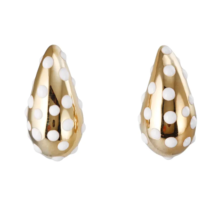 Not Signed Earrings Yellow Gold White Polka Dot Enamel Large Teardrop Earrings Not Signed Earrings Yellow Gold White Polka Dot Enamel Large Teardrop Earrings