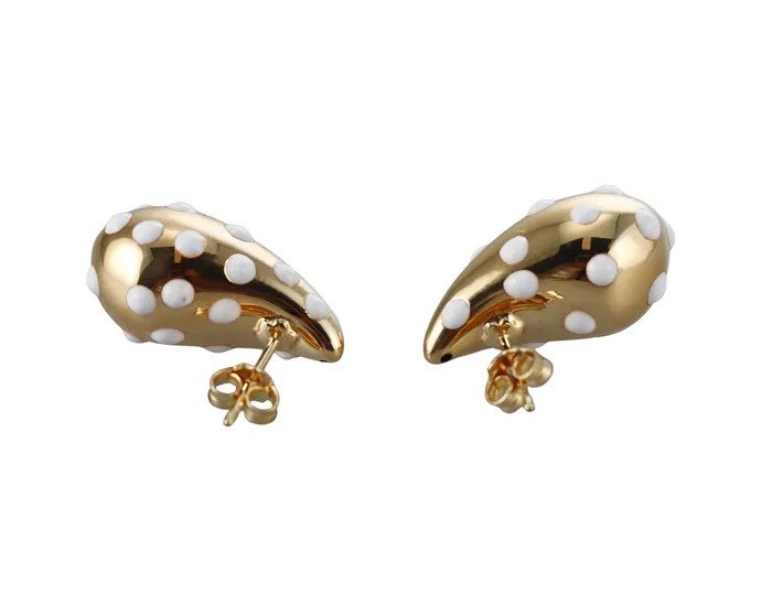 Not Signed Earrings Yellow Gold White Polka Dot Enamel Large Teardrop Earrings