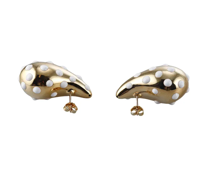 Not Signed Earrings Yellow Gold White Polka Dot Enamel Large Teardrop Earrings