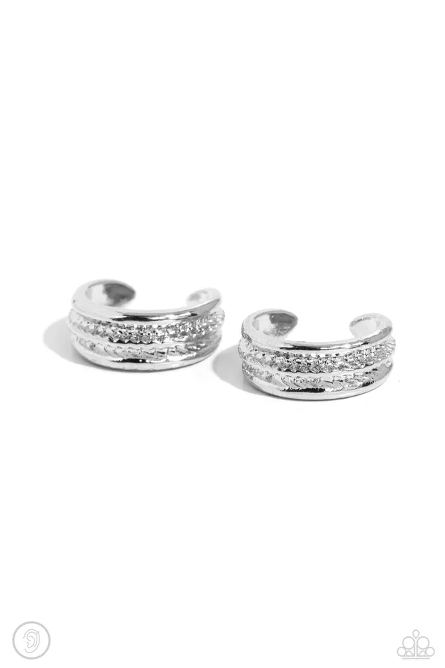 Paparazzi Accessories Serrated Season White Rhinestone Ear Cuff Jewelry by Bretta Earrings