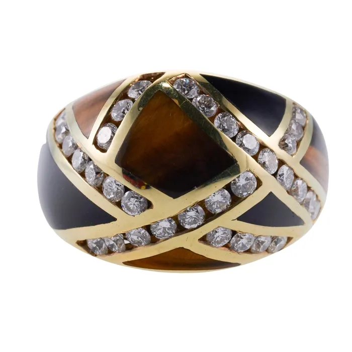 Rings Asch Grossbardt Asch Grossbardt Inlay Tigers Eye Onyx Diamond Gold Ring